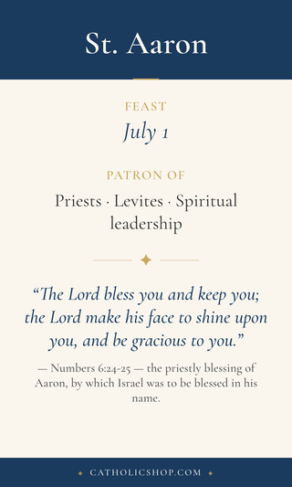 Saint Aaron holy card  with feast day, patronage, and prayer