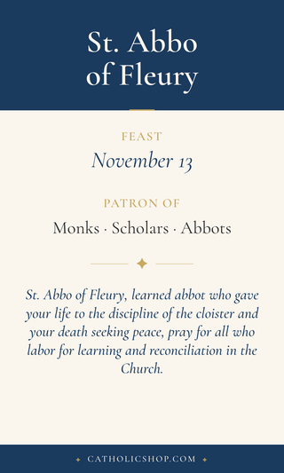 Saint Abbo of Fleury holy card  with feast day, patronage, and prayer