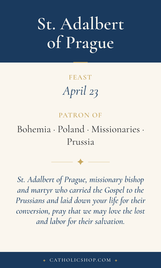 Saint Adalbert of Prague holy card  with feast day, patronage, and prayer