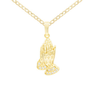 Cubic Zirconia Praying Hands Pendant 14K Gold Filled Necklace Set