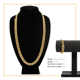 Cuban Link 14K Gold Plated Necklace 30" Bracelet 8.5" Set For Men