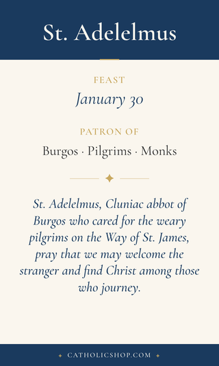 Saint Adelelmus holy card  with feast day, patronage, and prayer
