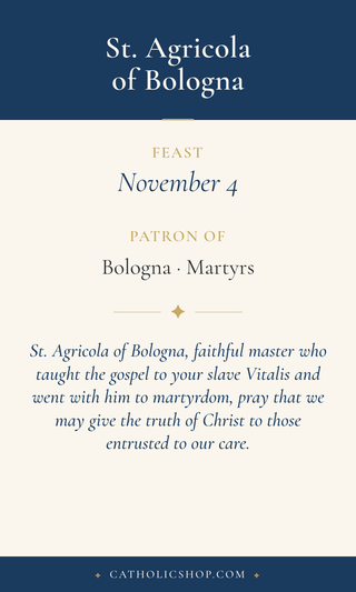 Saint Agricola of Bologna holy card  with feast day, patronage, and prayer