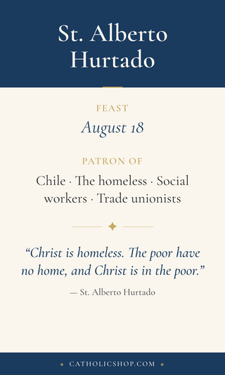 Saint Alberto Hurtado holy card  with feast day, patronage, and prayer