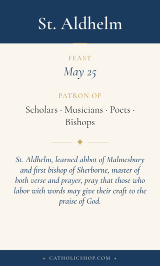 Saint Aldhelm holy card  with feast day, patronage, and prayer