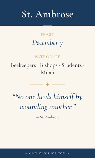 Saint Ambrose holy card  with feast day, patronage, and prayer