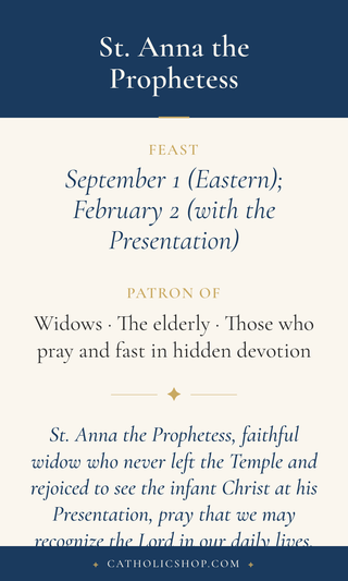 Saint Anna the Prophetess holy card  with feast day, patronage, and prayer