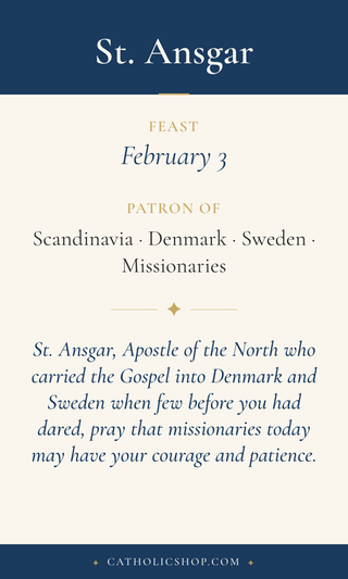 Saint Ansgar holy card  with feast day, patronage, and prayer