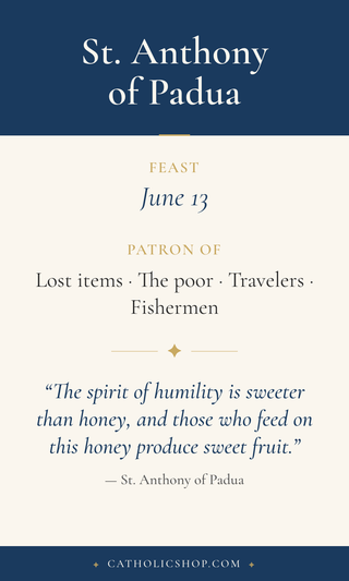 Saint Anthony of Padua holy card  with feast day, patronage, and prayer