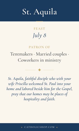 Saint Aquila holy card  with feast day, patronage, and prayer