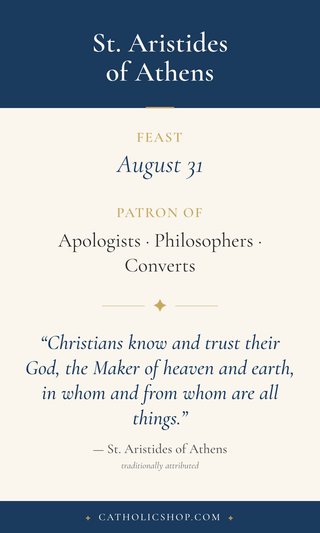 Saint Aristides of Athens holy card  with feast day, patronage, and prayer