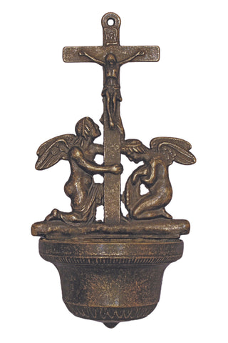Crucifixion Font with Angels in Antique Brass 12.25"