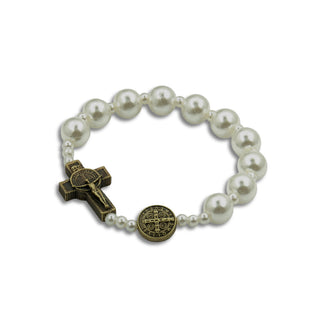 Saint Benedict Stretch Bracelet -White Pearl - Gold Spacers