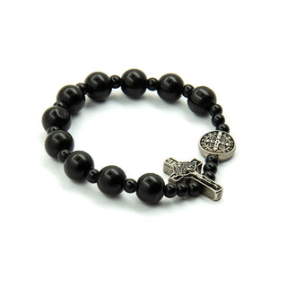 Saint Benedict Stretch Bracelet - Black Wood - Two Tone Gold Plated