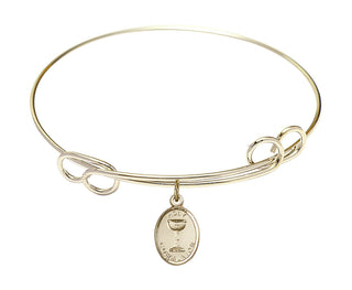 7 1/2 inch Round Double Loop Hamilton Gold Bangle Bracelet with a 14kt Gold Filled Holy Communion charm.
