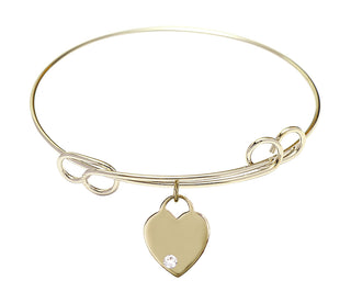 7 1/2 inch Round Double Loop Hamilton Gold Bangle Bracelet with a 14kt Gold Filled Heart charm. Engraved Catholic Saint Jewelry