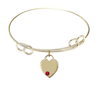 7 1/2 inch Round Double Loop Hamilton Gold Bangle Bracelet with a 14kt Gold Filled Heart charm. Engraved Catholic Saint Jewelry