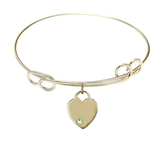 7 1/2 inch Round Double Loop Hamilton Gold Bangle Bracelet with a 14kt Gold Filled Heart charm. Engraved Catholic Saint Jewelry