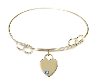 7 1/2 inch Round Double Loop Hamilton Gold Bangle Bracelet with a 14kt Gold Filled Heart charm. Engraved Catholic Saint Jewelry