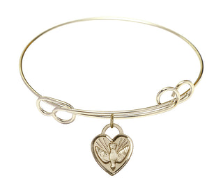 7 1/2 inch Round Double Loop Hamilton Gold Bangle Bracelet with a 14kt Gold Filled Confirmation Heart charm. Engraved Catholic Saint Jewelry