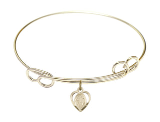 7 1/2 inch Round Double Loop Hamilton Gold Bangle Bracelet with a 14kt Gold Filled Guardian Angel charm. Engraved Catholic Saint Jewelry