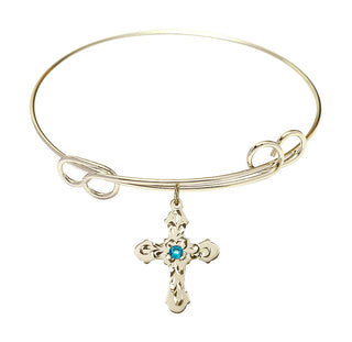 7 1/2 inch Round Double Loop Hamilton Gold Bangle Bracelet with a 14kt Gold Filled Cross charm. Engraved Catholic Saint Jewelry