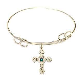 7 1/2 inch Round Double Loop Hamilton Gold Bangle Bracelet with a 14kt Gold Filled Cross charm. Engraved Catholic Saint Jewelry