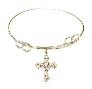 7 1/2 inch Round Double Loop Hamilton Gold Bangle Bracelet with a 14kt Gold Filled Cross charm. Engraved Catholic Saint Jewelry