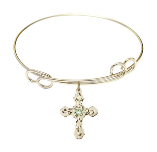 7 1/2 inch Round Double Loop Hamilton Gold Bangle Bracelet with a 14kt Gold Filled Cross charm. Engraved Catholic Saint Jewelry