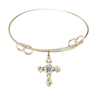 7 1/2 inch Round Double Loop Hamilton Gold Bangle Bracelet with a 14kt Gold Filled Cross charm. Engraved Catholic Saint Jewelry