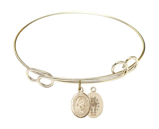 7 1/2 inch Round Double Loop Hamilton Gold Bangle Bracelet with a 14kt Gold Filled Miraculous charm. Engraved Catholic Saint Jewelry