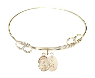 7 1/2 inch Round Double Loop Hamilton Gold Bangle Bracelet with a 14kt Gold Filled Scapular charm. Engraved Catholic Saint Jewelry