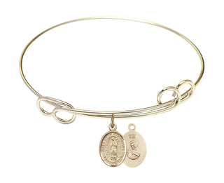 7 1/2 inch Round Double Loop Hamilton Gold Bangle Bracelet with a 14kt Gold Filled Our Lady of Guadalupe charm. Engraved Catholic Saint Jewelry