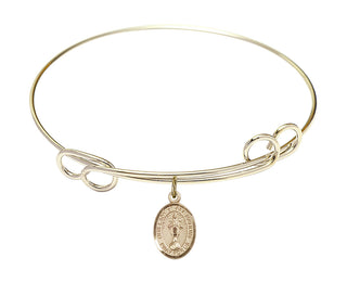7 1/2 inch Round Double Loop Hamilton Gold Bangle Bracelet with a 14kt Gold Filled Our Lady of All Nations charm. Engraved Catholic Saint Jewelry