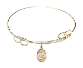 7 1/2 inch Round Double Loop Hamilton Gold Bangle Bracelet with a 14kt Gold Filled Saint Isabella of Portugal charm. Engraved Catholic Saint Jewelry