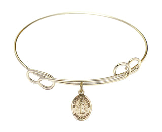 7 1/2 inch Round Double Loop Hamilton Gold Bangle Bracelet with a 14kt Gold Filled Blessed Karolina Kozkowna charm. Engraved Catholic Saint Jewelry