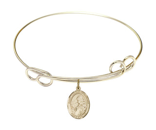 7 1/2 inch Round Double Loop Hamilton Gold Bangle Bracelet with a 14kt Gold Filled Saint Finnian of Clonard charm. Engraved Catholic Saint Jewelry