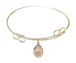 7 1/2 inch Round Double Loop Hamilton Gold Bangle Bracelet with a 14kt Gold Filled Saint Rosalia charm. Engraved Catholic Saint Jewelry