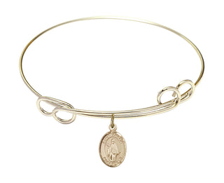 7 1/2 inch Round Double Loop Hamilton Gold Bangle Bracelet with a 14kt Gold Filled Saint Amelia charm. Engraved Catholic Saint Jewelry