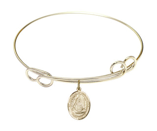 7 1/2 inch Round Double Loop Hamilton Gold Bangle Bracelet with a 14kt Gold Filled Saint Edburga of Winchester charm. Engraved Catholic Saint Jewelry
