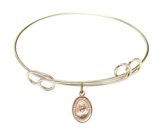 7 1/2 inch Round Double Loop Hamilton Gold Bangle Bracelet with a 14kt Gold Filled Saint Luigi Orione charm. Engraved Catholic Saint Jewelry