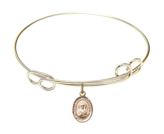 7 1/2 inch Round Double Loop Hamilton Gold Bangle Bracelet with a 14kt Gold Filled Saint John Licci charm. Engraved Catholic Saint Jewelry