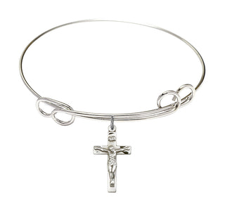 7 1/2 inch Round Double Loop Rhodium Bangle Bracelet with a Sterling Silver Crucifix charm.
