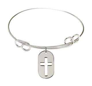 7 1/2 inch Round Double Loop Rhodium Bangle Bracelet with a Sterling Silver Cross Dog Tag charm.