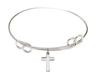 7 1/2 inch Round Double Loop Rhodium Bangle Bracelet with a Sterling Silver Cross charm.