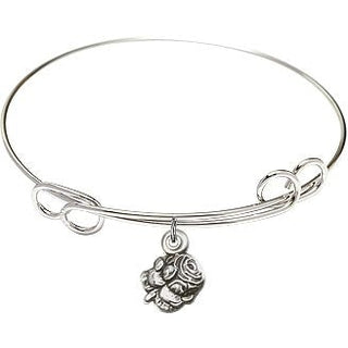 7 1/2 inch Round Double Loop Rhodium Bangle Bracelet with a Sterling Silver Rosebud charm.