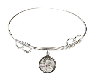 7 1/2 inch Round Double Loop Rhodium Bangle Bracelet with a Sterling Silver Scapular charm. Engraved Catholic Saint Jewelry