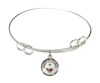 7 1/2 inch Round Double Loop Rhodium Bangle Bracelet with a Sterling Silver Confirmation charm. Engraved Catholic Saint Jewelry