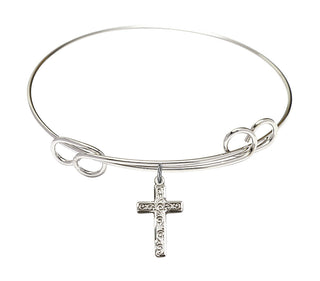 7 1/2 inch Round Double Loop Rhodium Bangle Bracelet with a Sterling Silver Cross charm.