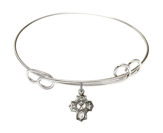 7 1/2 inch Round Double Loop Rhodium Bangle Bracelet with a Sterling Silver Communion 5-Way charm.